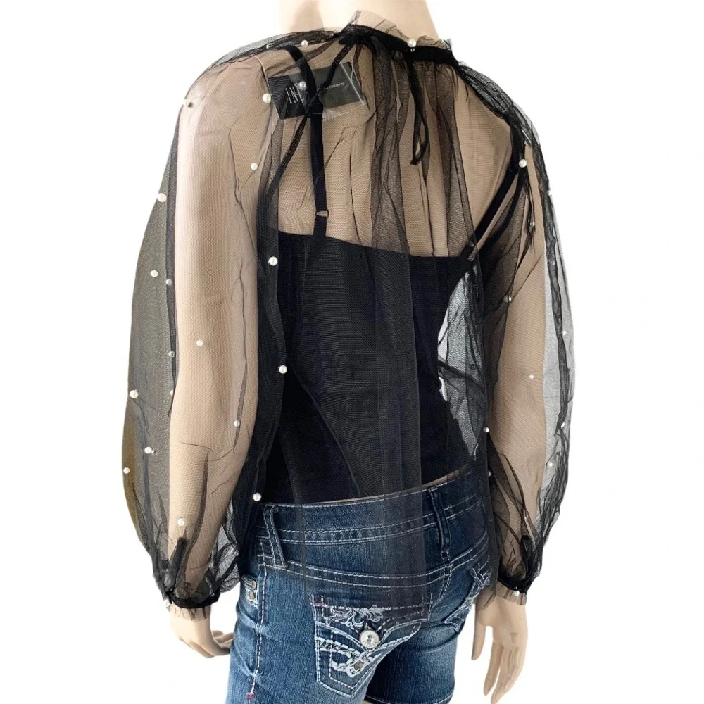 🌸New🌸 Embellished Sheer Mock Top Black INC Sz S - Picture 8 of 9